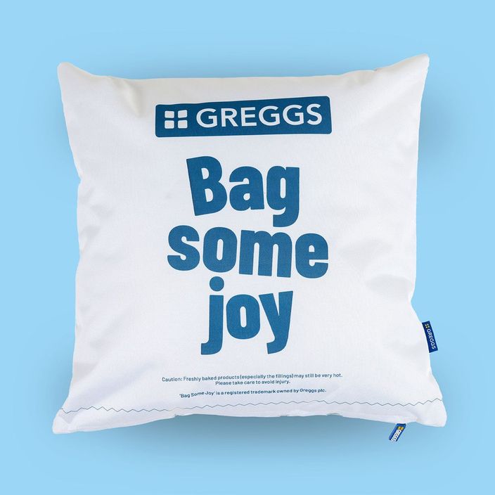Greggs x Icon Square Packet Cushion front