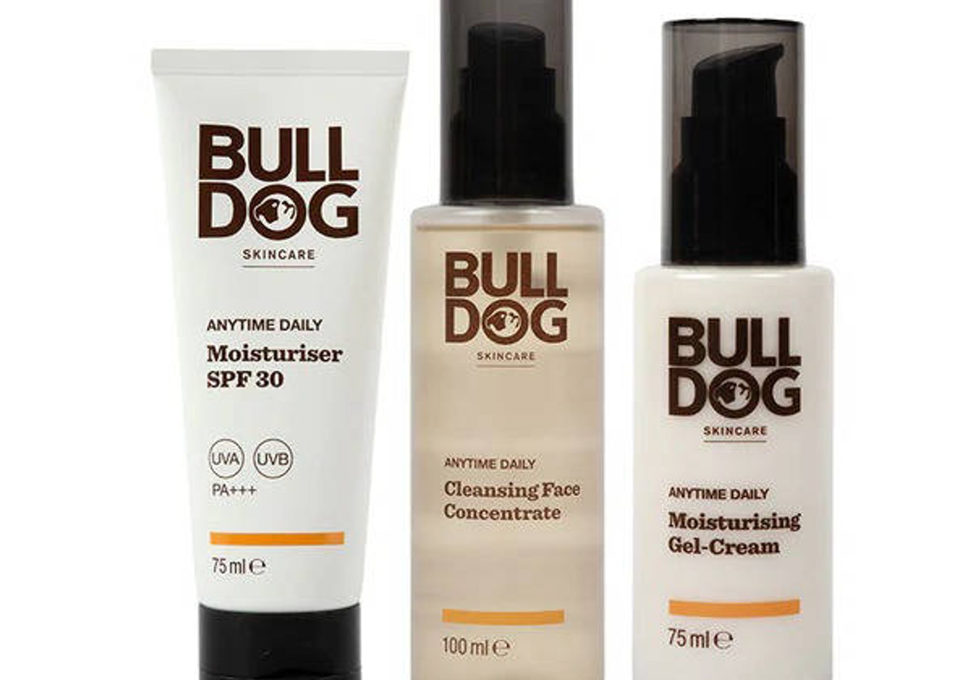 3 bulldog skincare items against a white backdrop