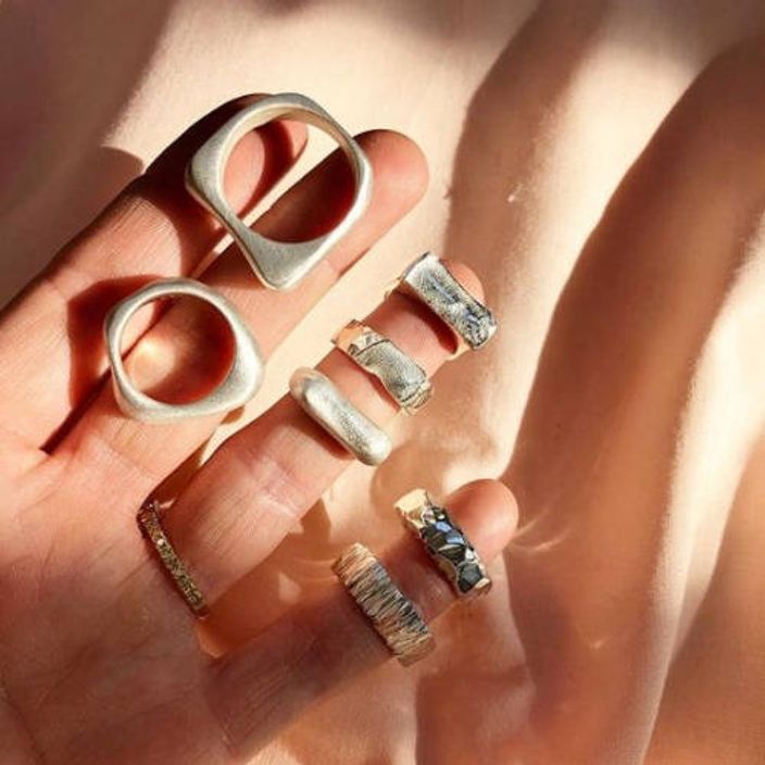 multiple unique silver rings, examples of rings created using the workbench kit