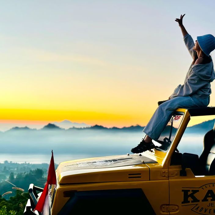 Girl sitting on jeep at mount batur tour