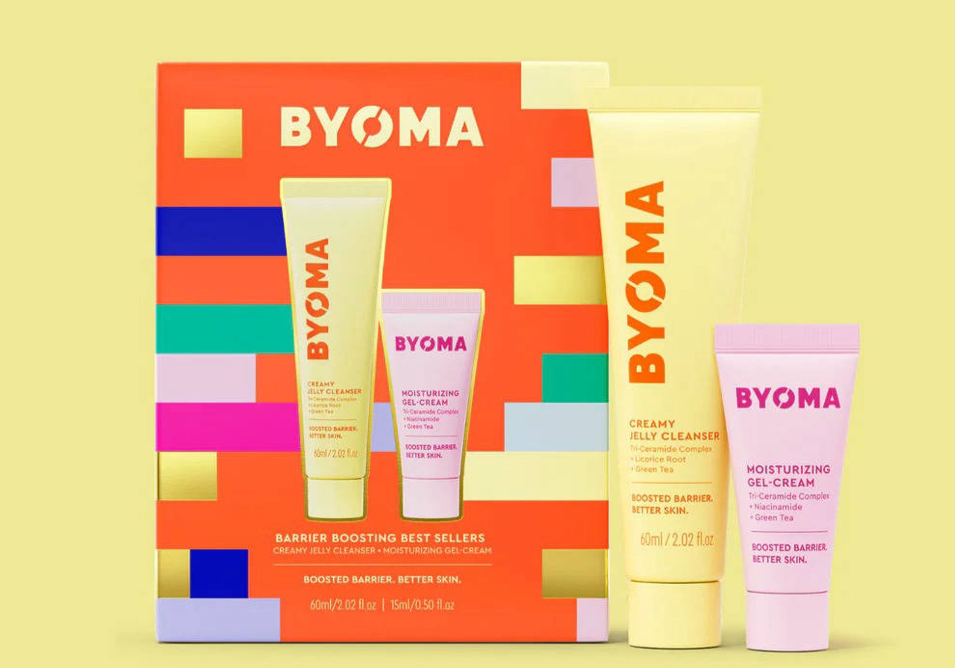 Image of Byoma's 15ml Gel Cream 60ml Jelly Cleanser on a yellow background