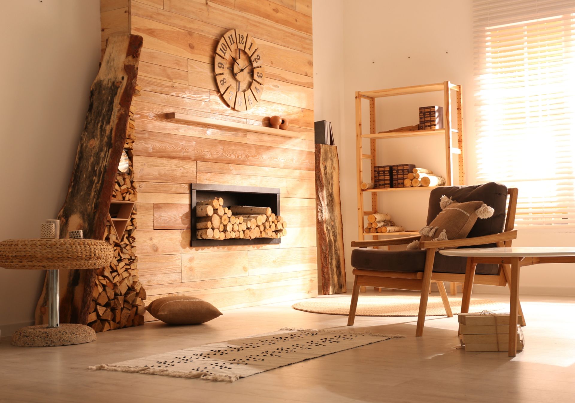 Cozy wooden living room with autumnal tones