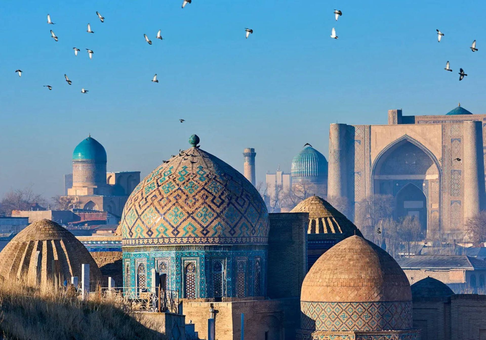 Samarkand with its minarets and turquoise-blue tiling