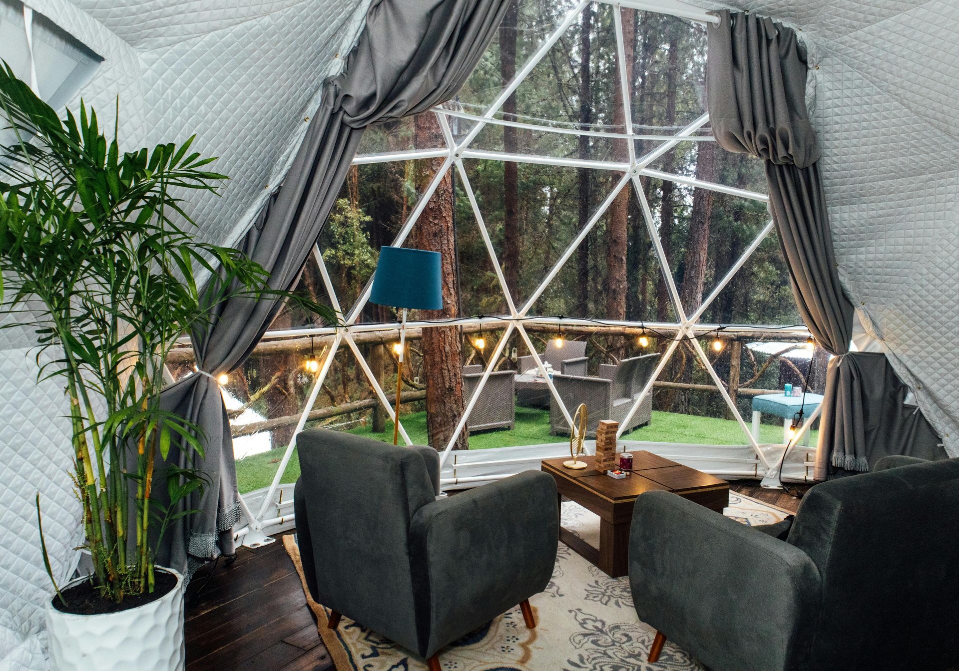 Woman in cabin overlooking snowy woodland