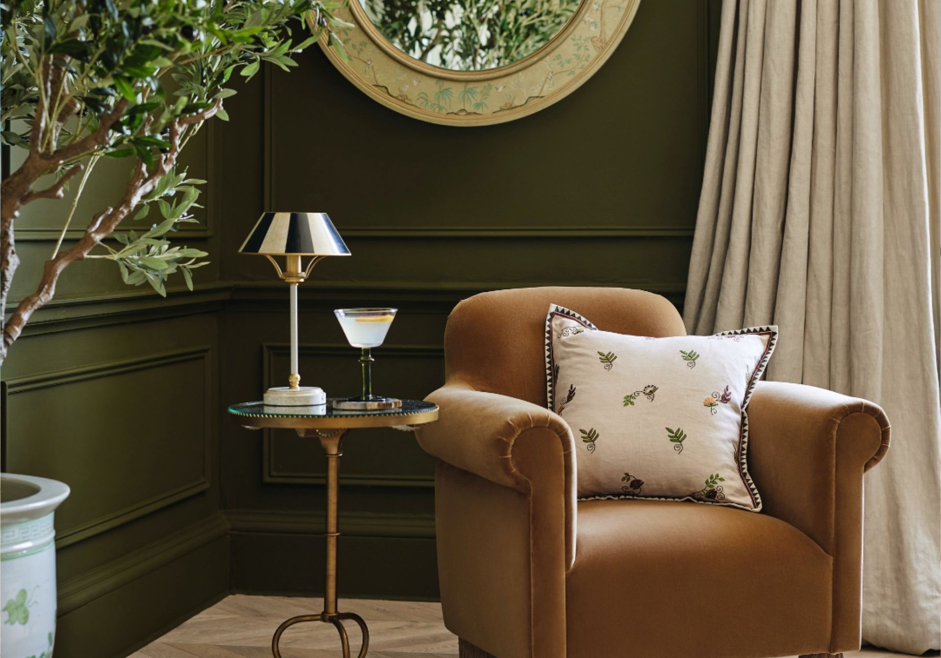 Oka chair, cushion, lamp, plant and mirror