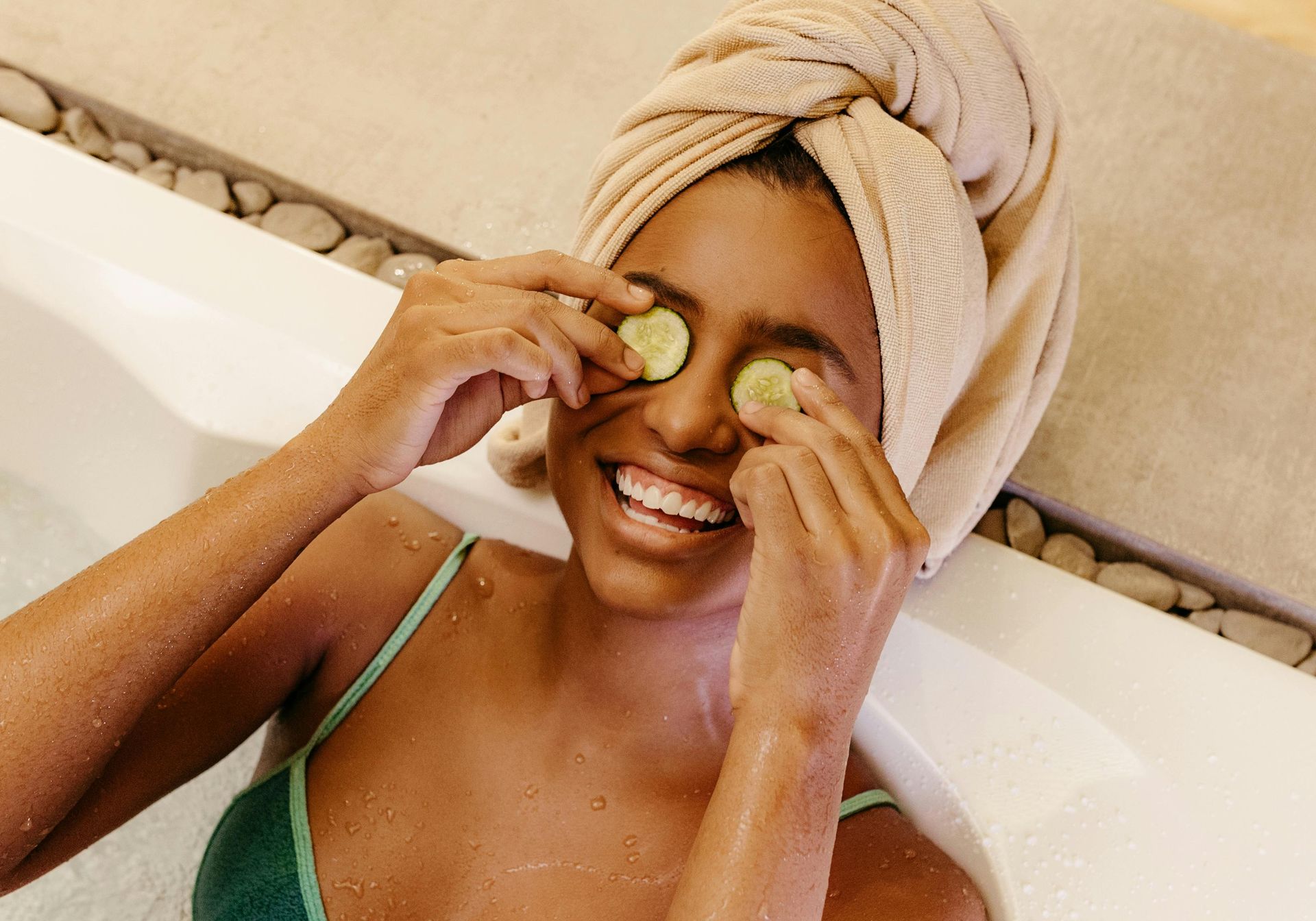 girl with cucumber in her eyes