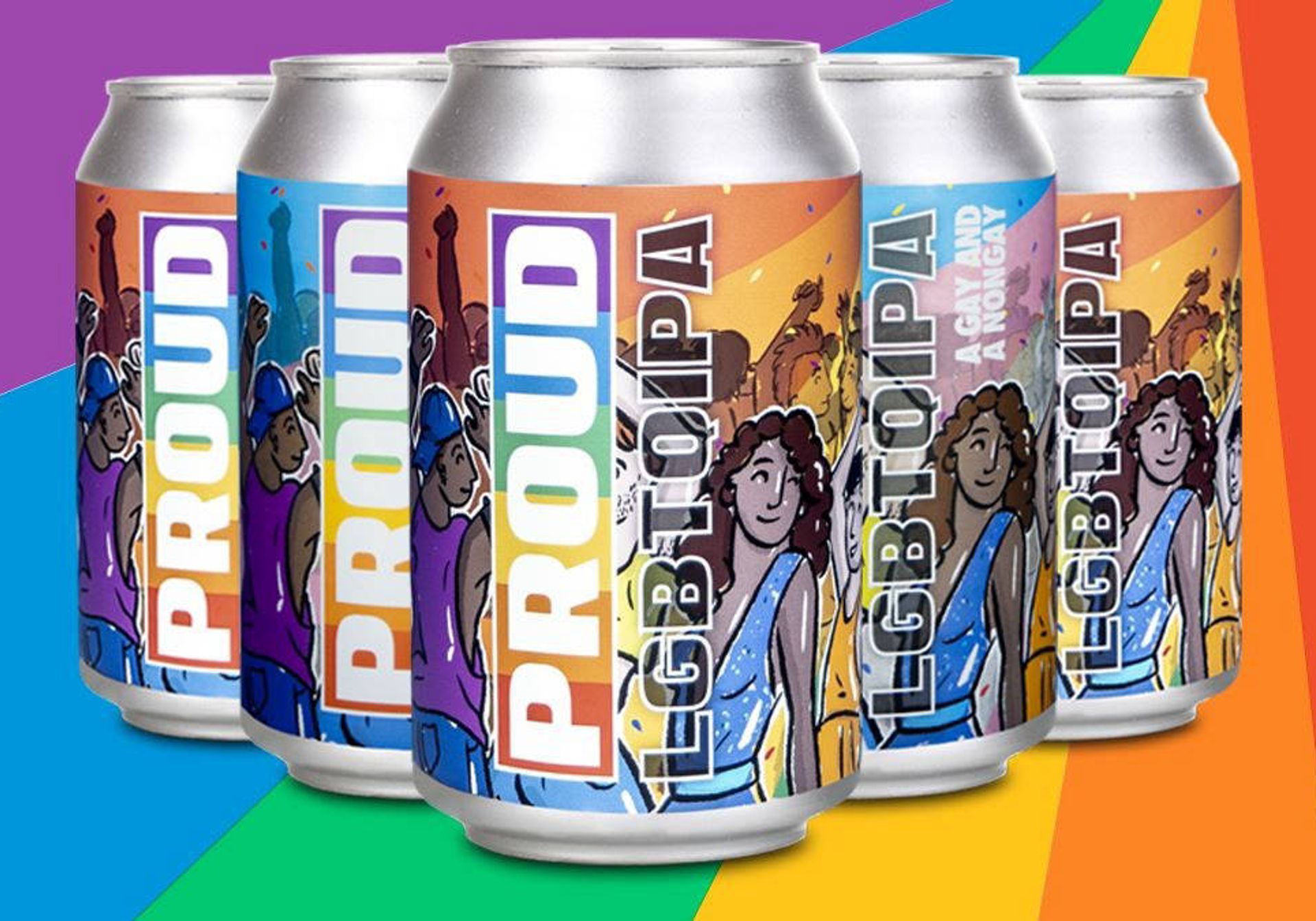 5 Proud Beer cans over a rainbow background