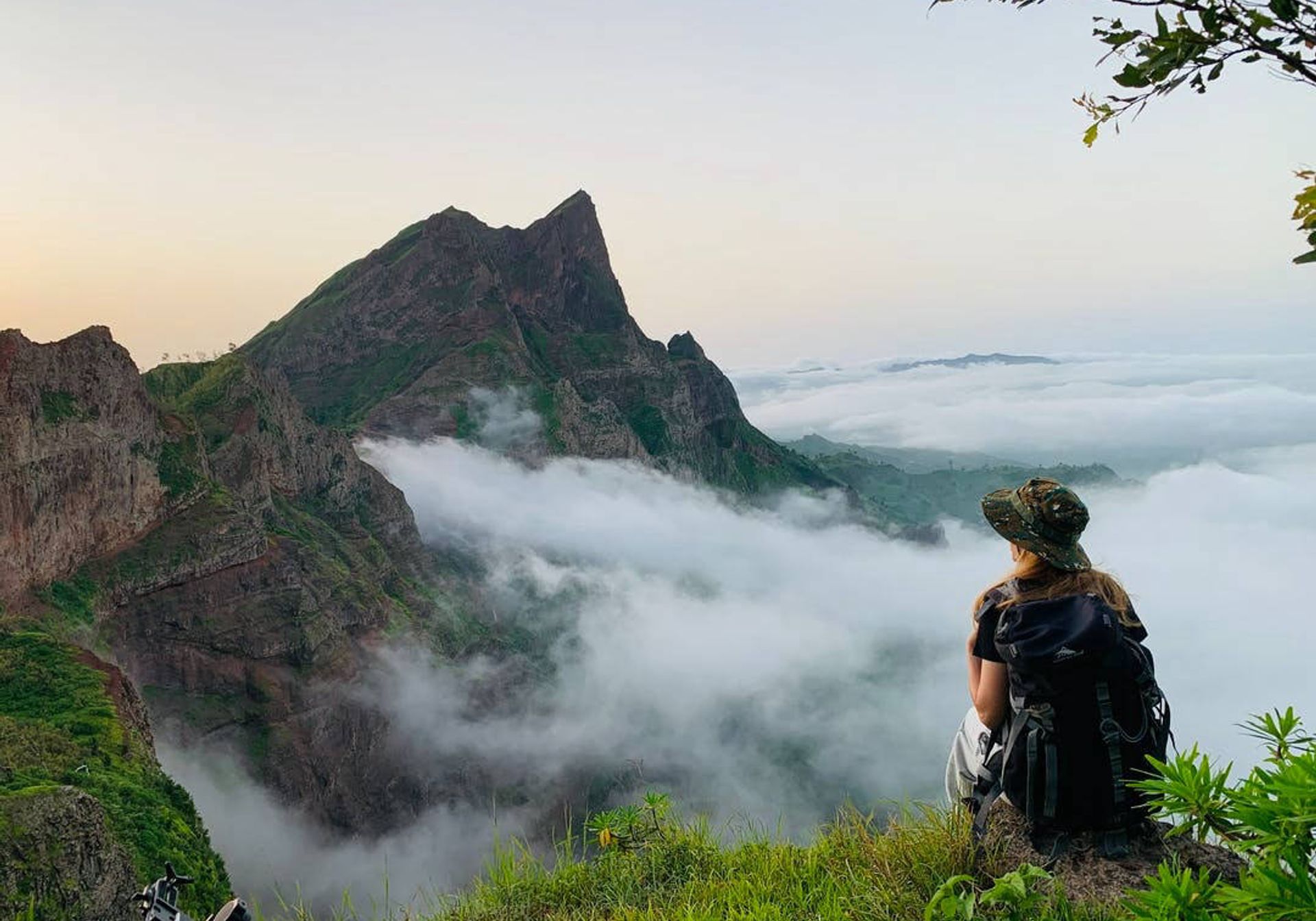 Hiker overlooking  mountains in Cape Verde