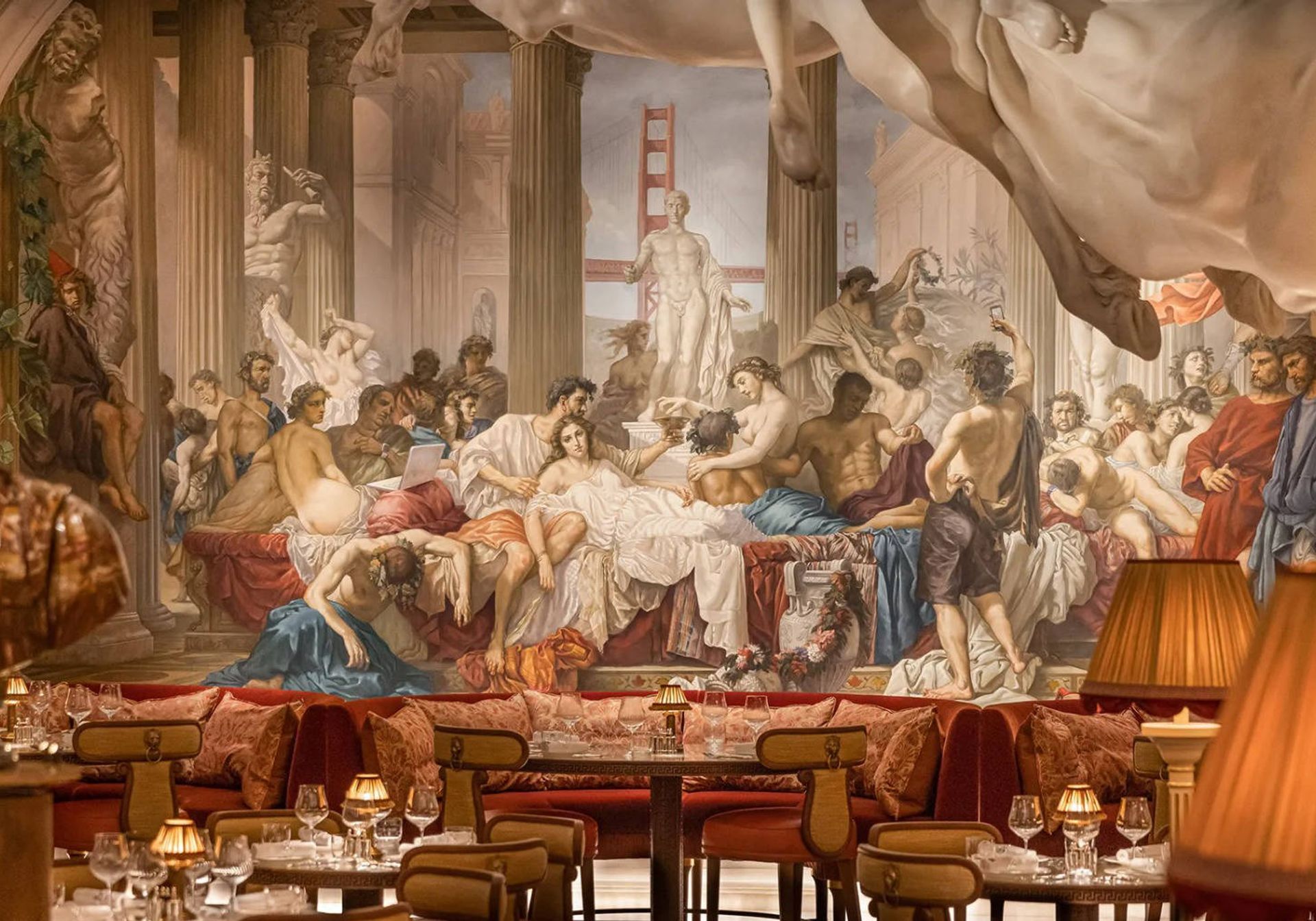 a photo of the interior at Bacchanalia with a large Michelangelo-style wall painting