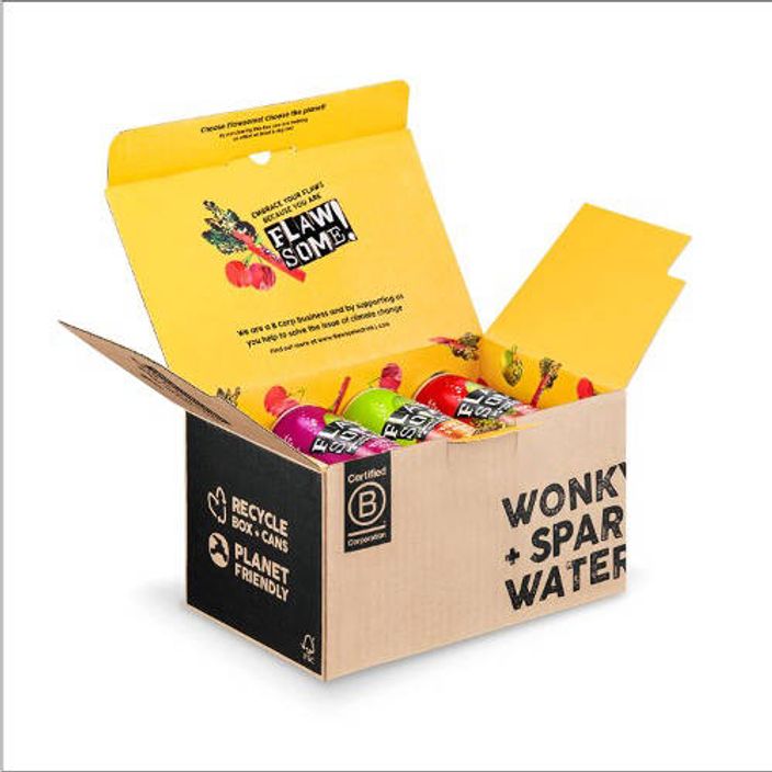 A delivery box of  Flawesome! juice cans