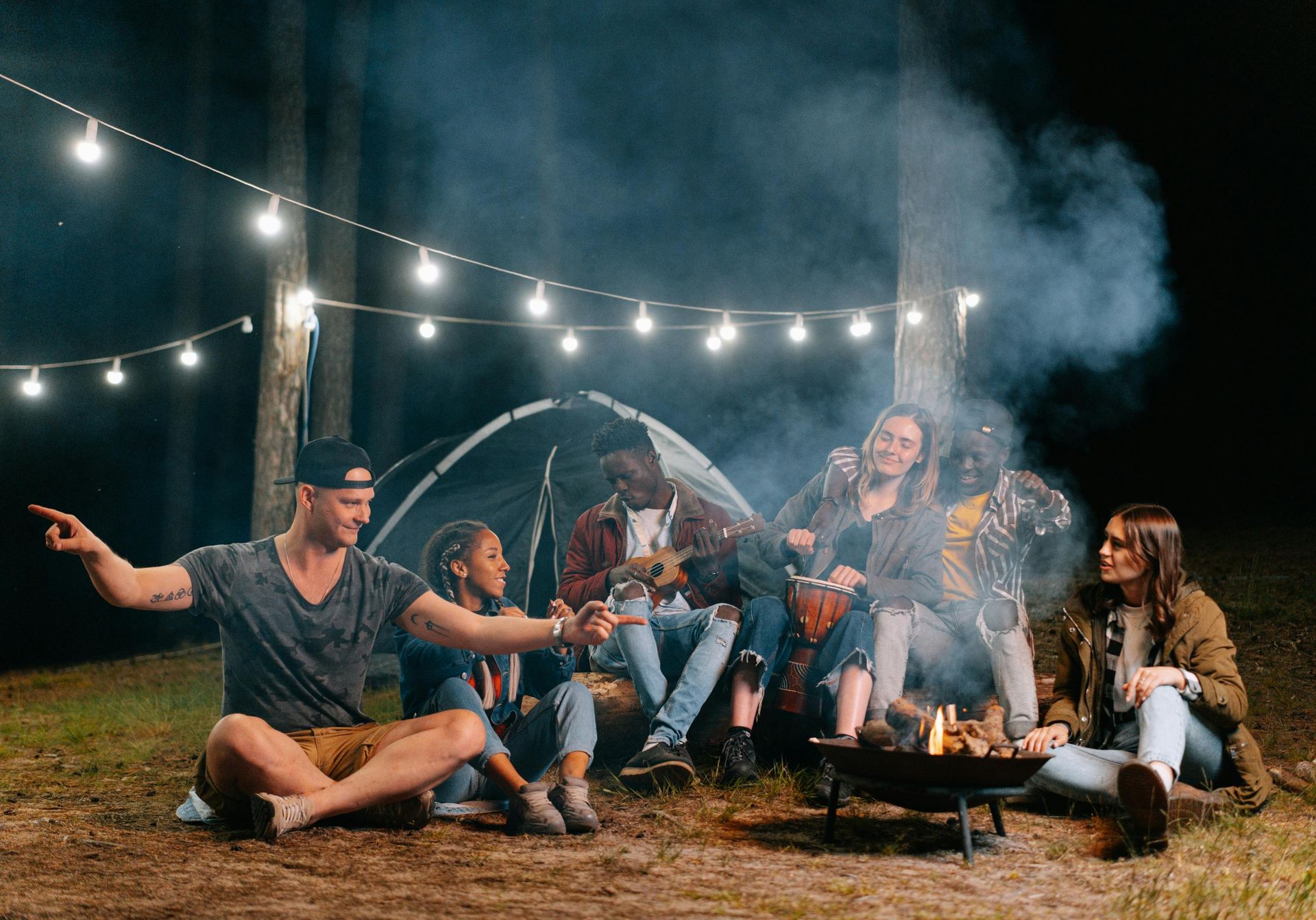 Friends on a glamping trip with dog