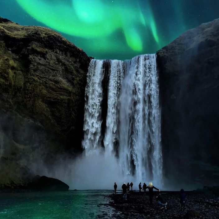 Waterfall and Northern Lights at night
