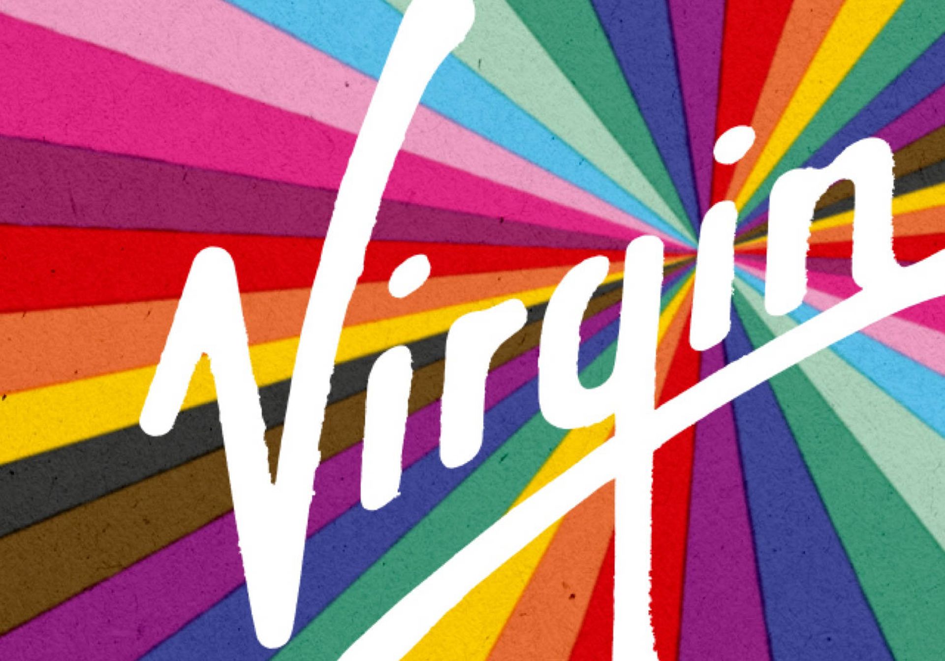 Virgin logo over rainbow background