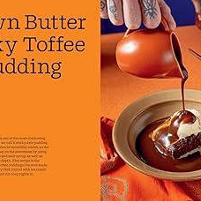 Example page in The Happy Endings cook book with a recipe for brown butter sticky toffee pudding