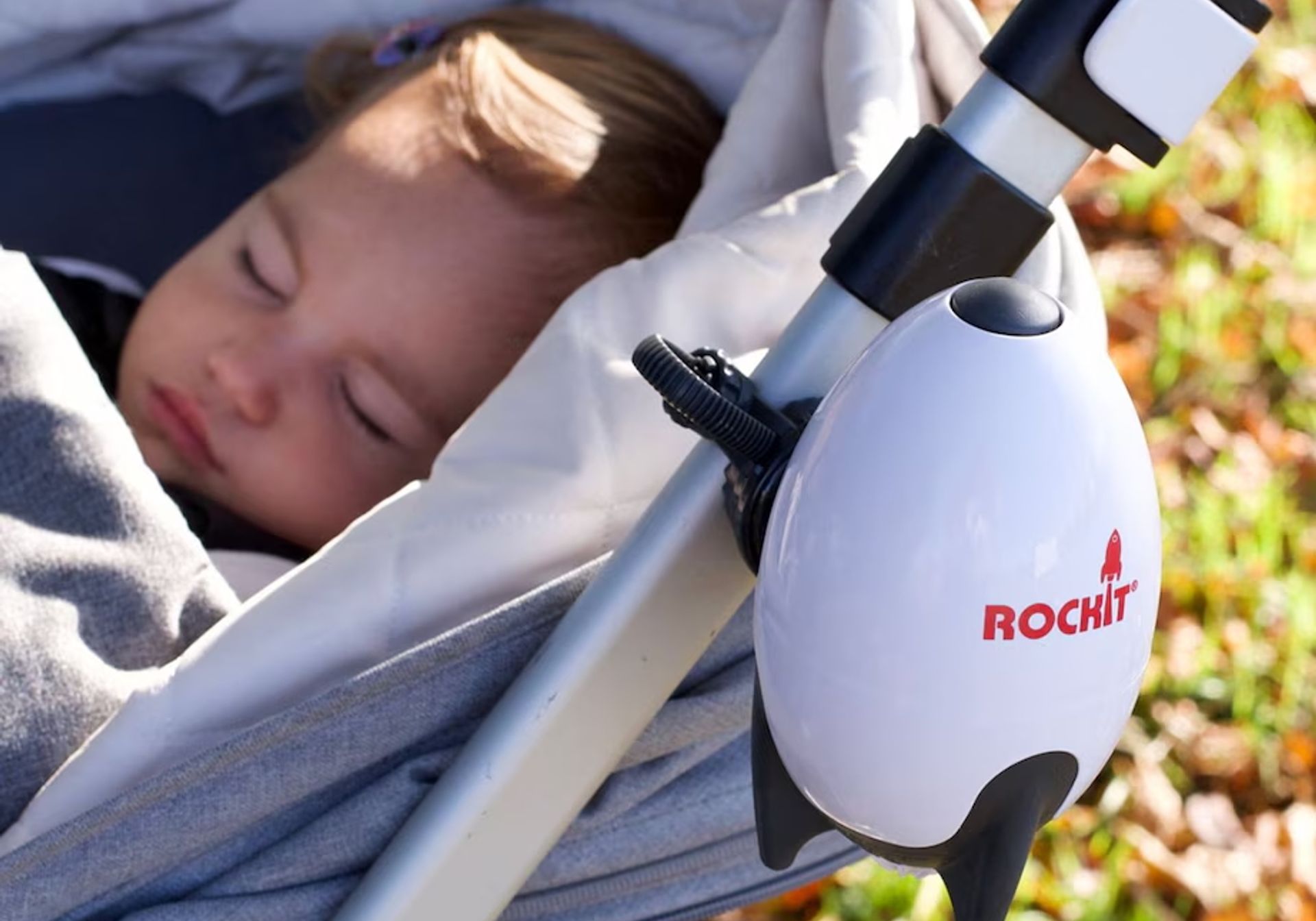 Rockit Rocker (Rechargeable Version) on pram while baby sleeps