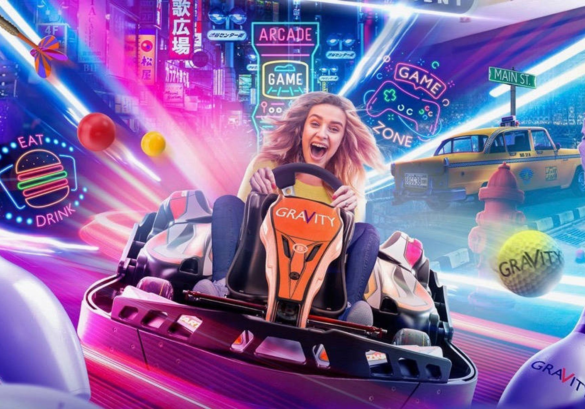 Bowling pins and mini golf floating round lady on Go kart 