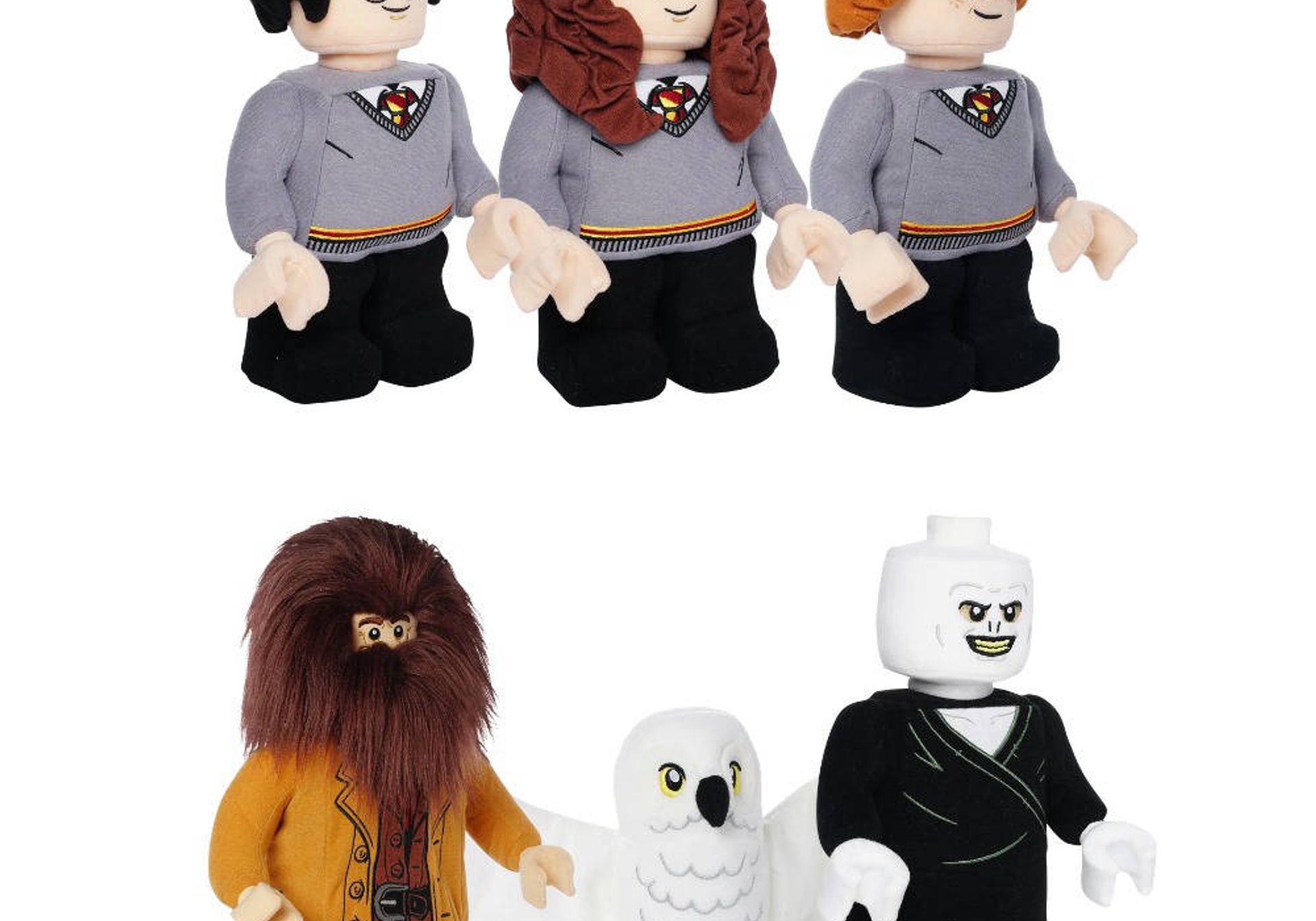 a collection of harry potter character plush toys by lego against a white backdrop
