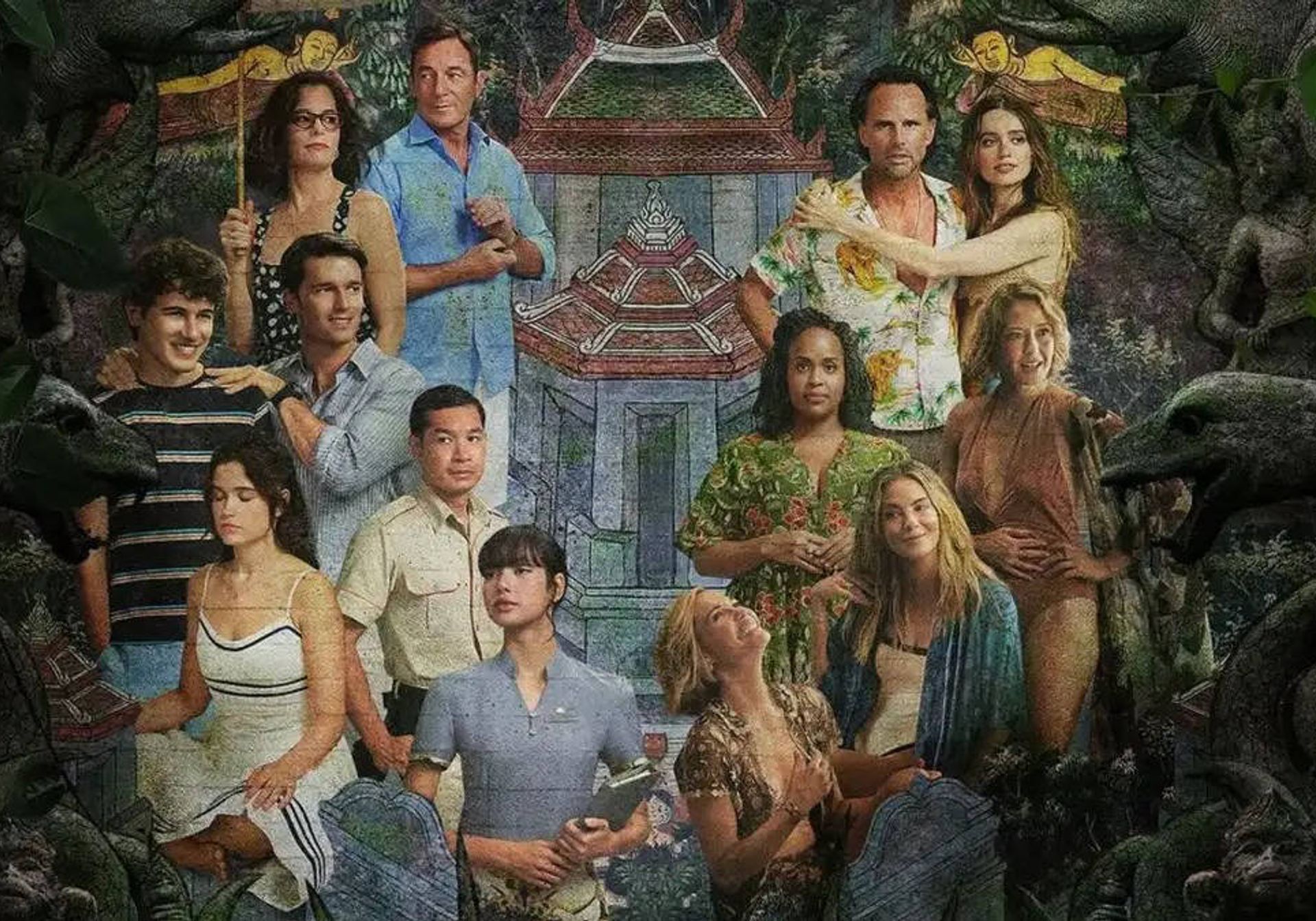 cast of white lotus against an animated backdrop with exotic graphics