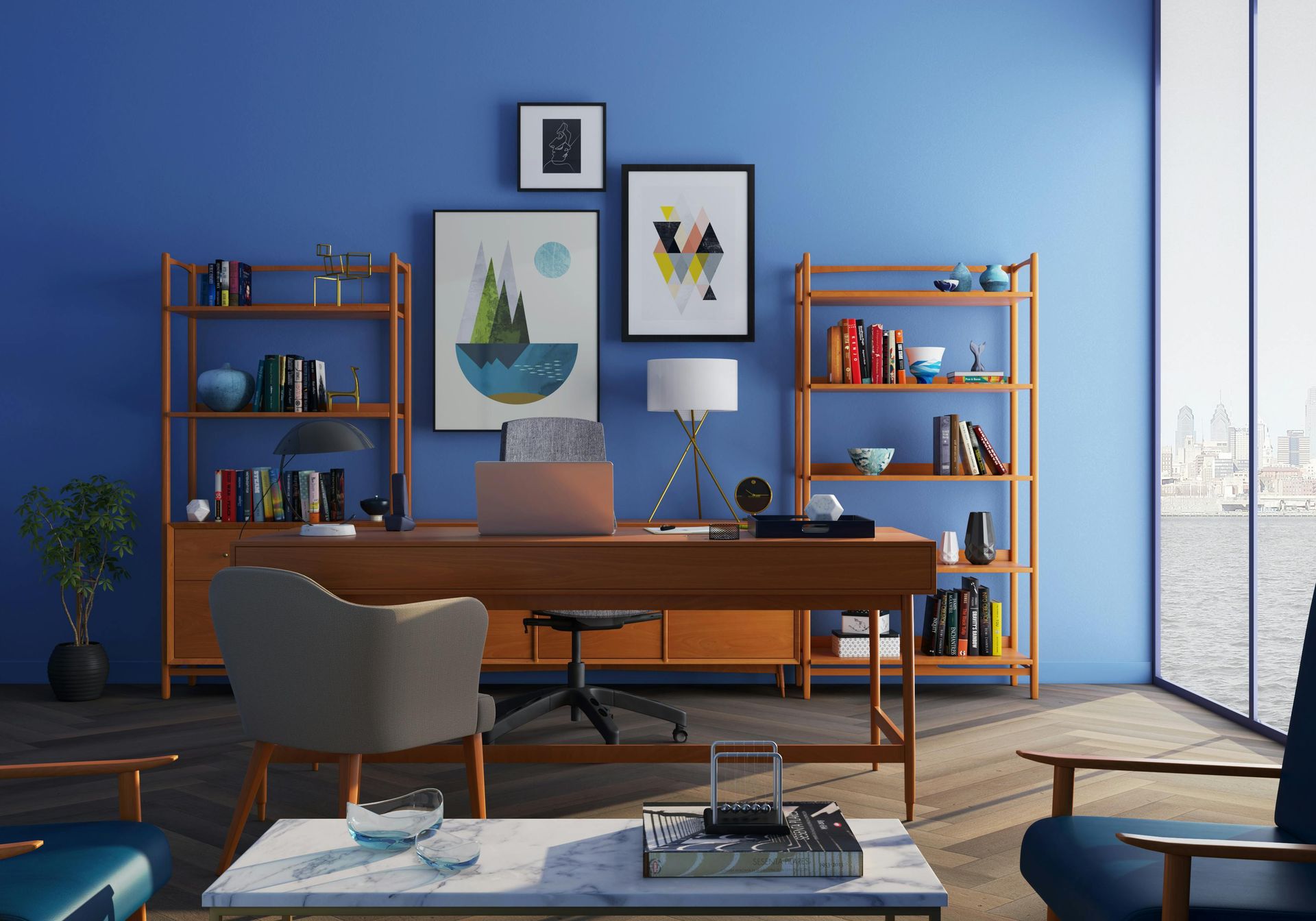 Blue living room with linens