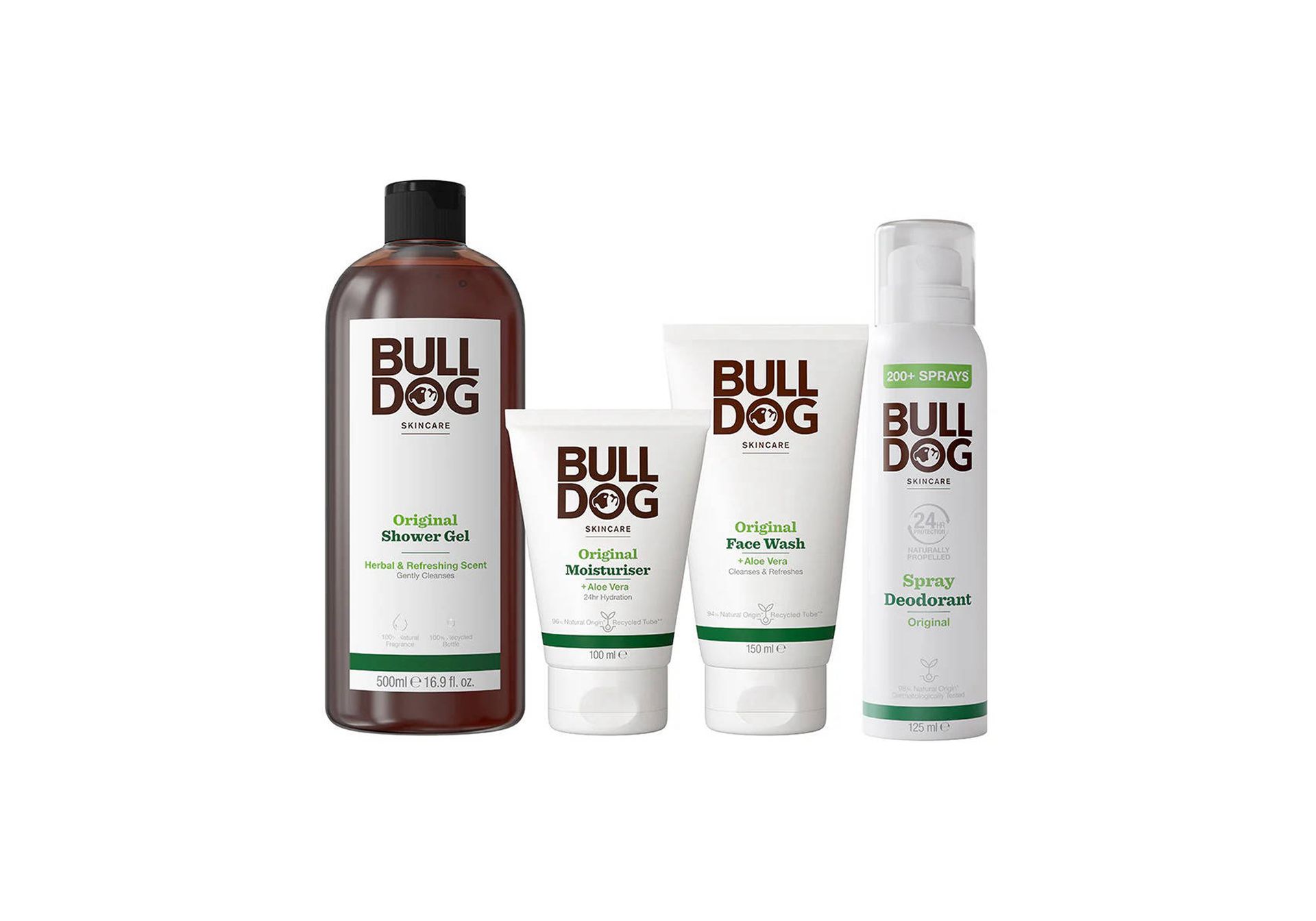 Four products of bulldog skincare against a white backdrop