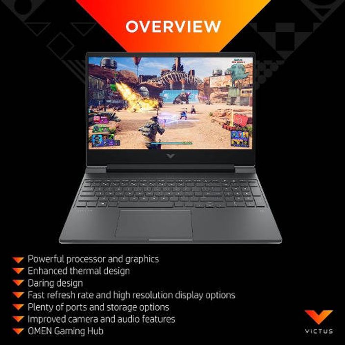HP Victus gaming laptop with a game showing