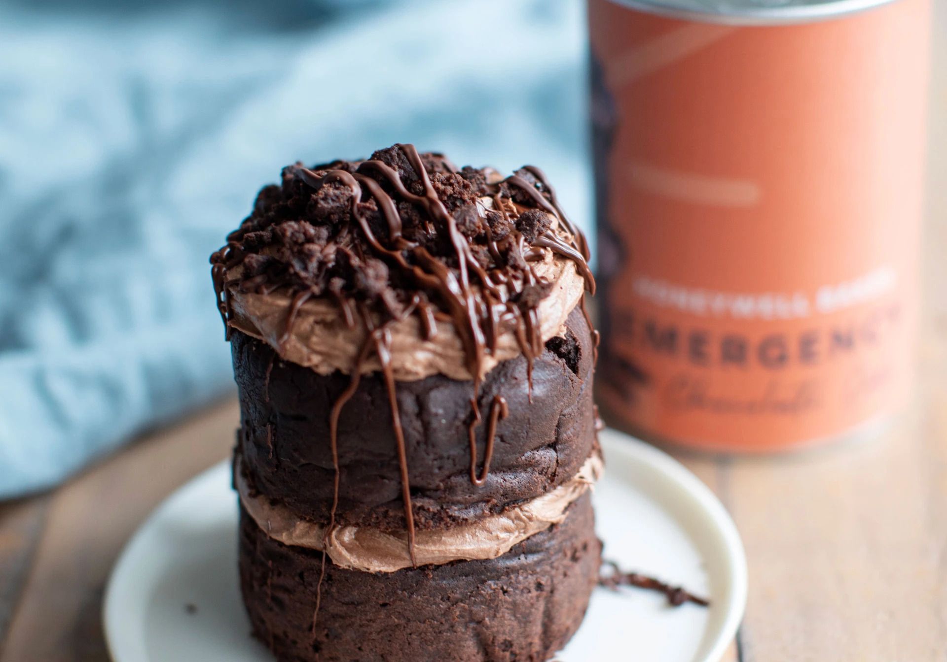 Emergency Chocolate Cake Kit with tin in the background