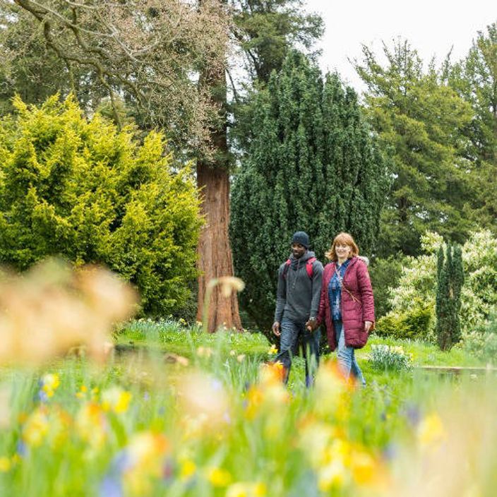 a young couple walking around on national trust grounds