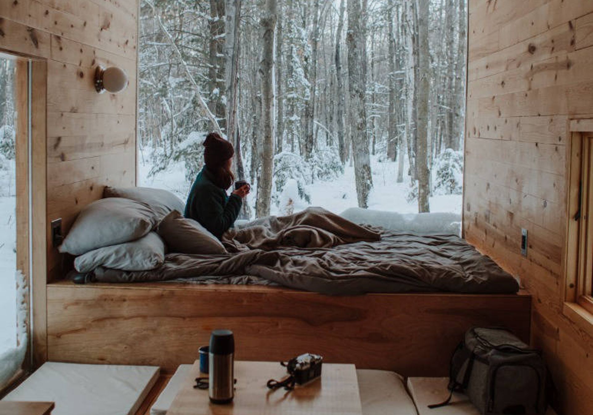 Woman in cabin overlooking snowy woodland