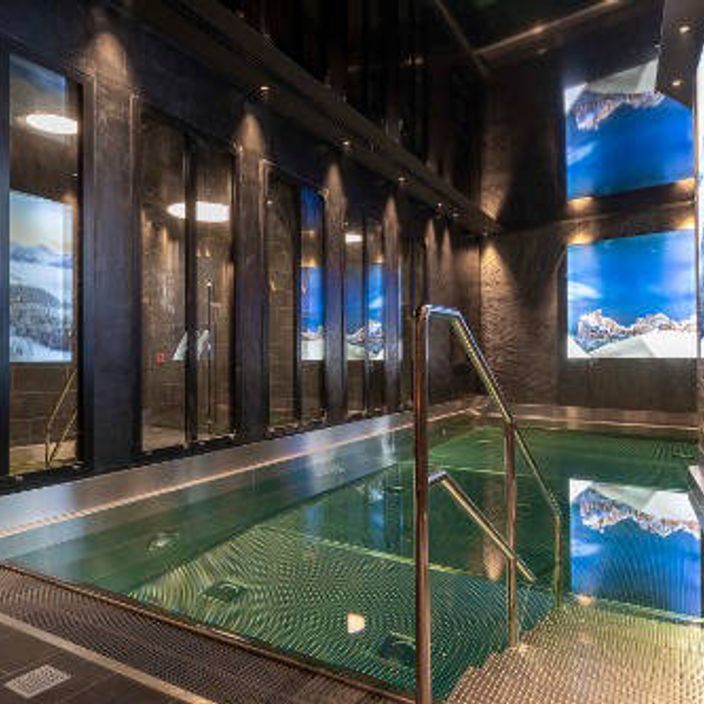 a swimming pool in a chalet with the windows overlooking the snowy mountain range