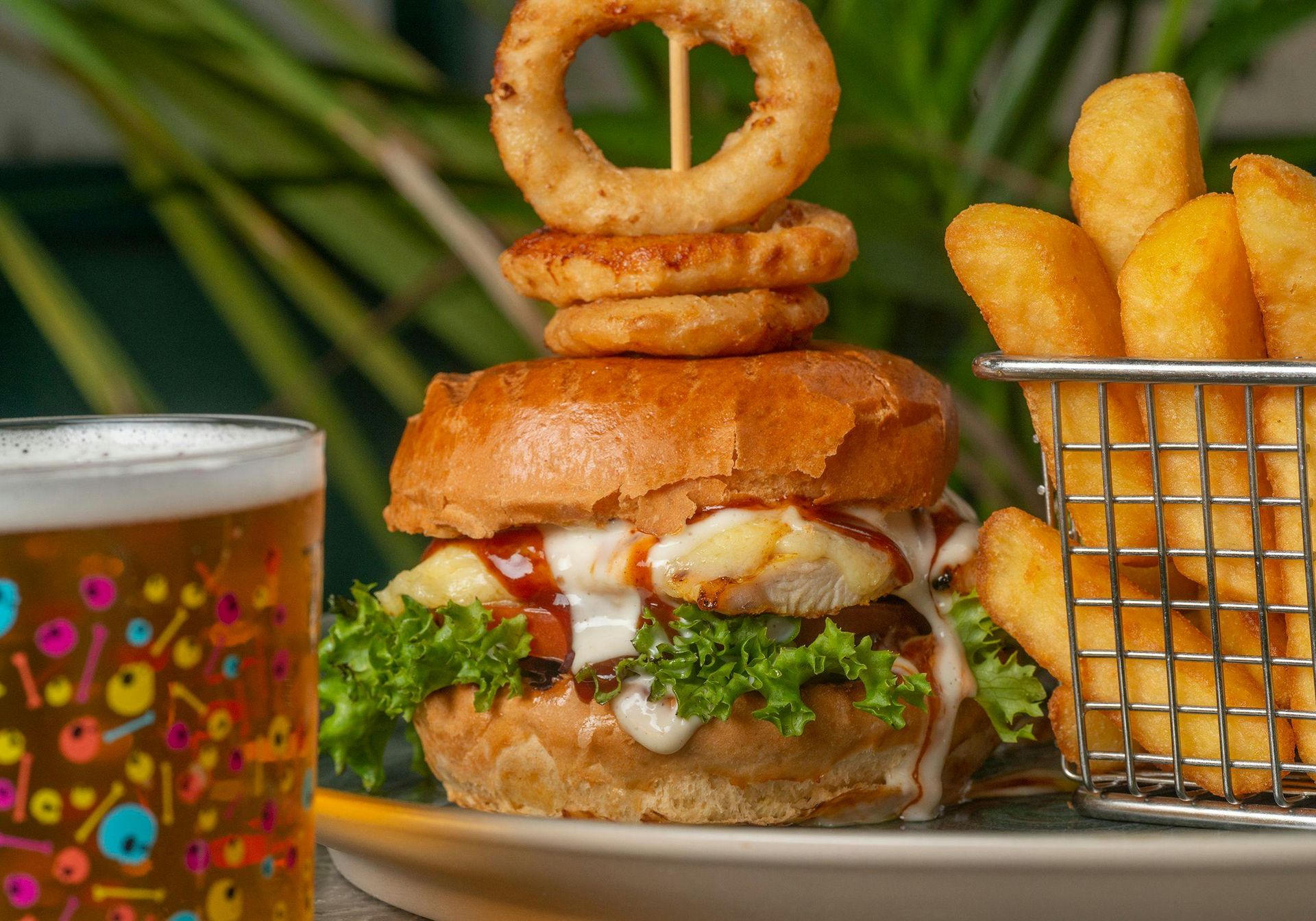 hamburger, chips and beer