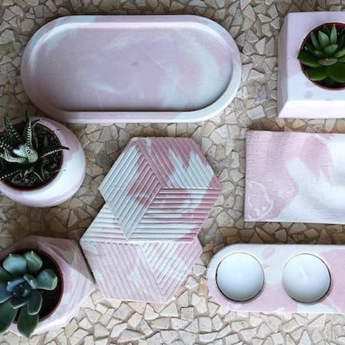 Pink and white marbled ceramic homewares